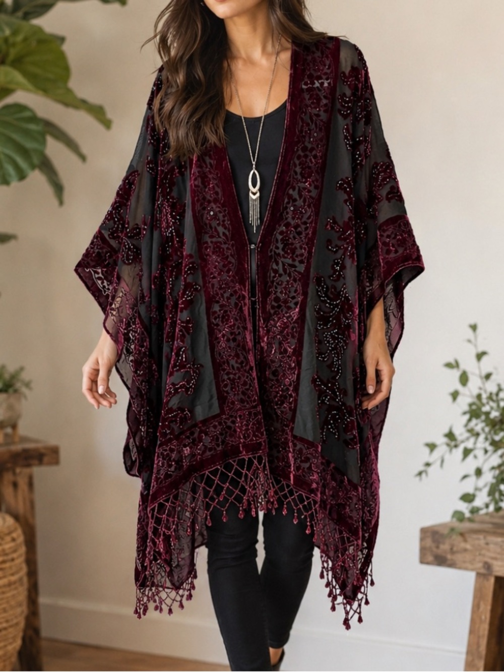 Aris A 100% Silk Burnout Beaded Poncho Top